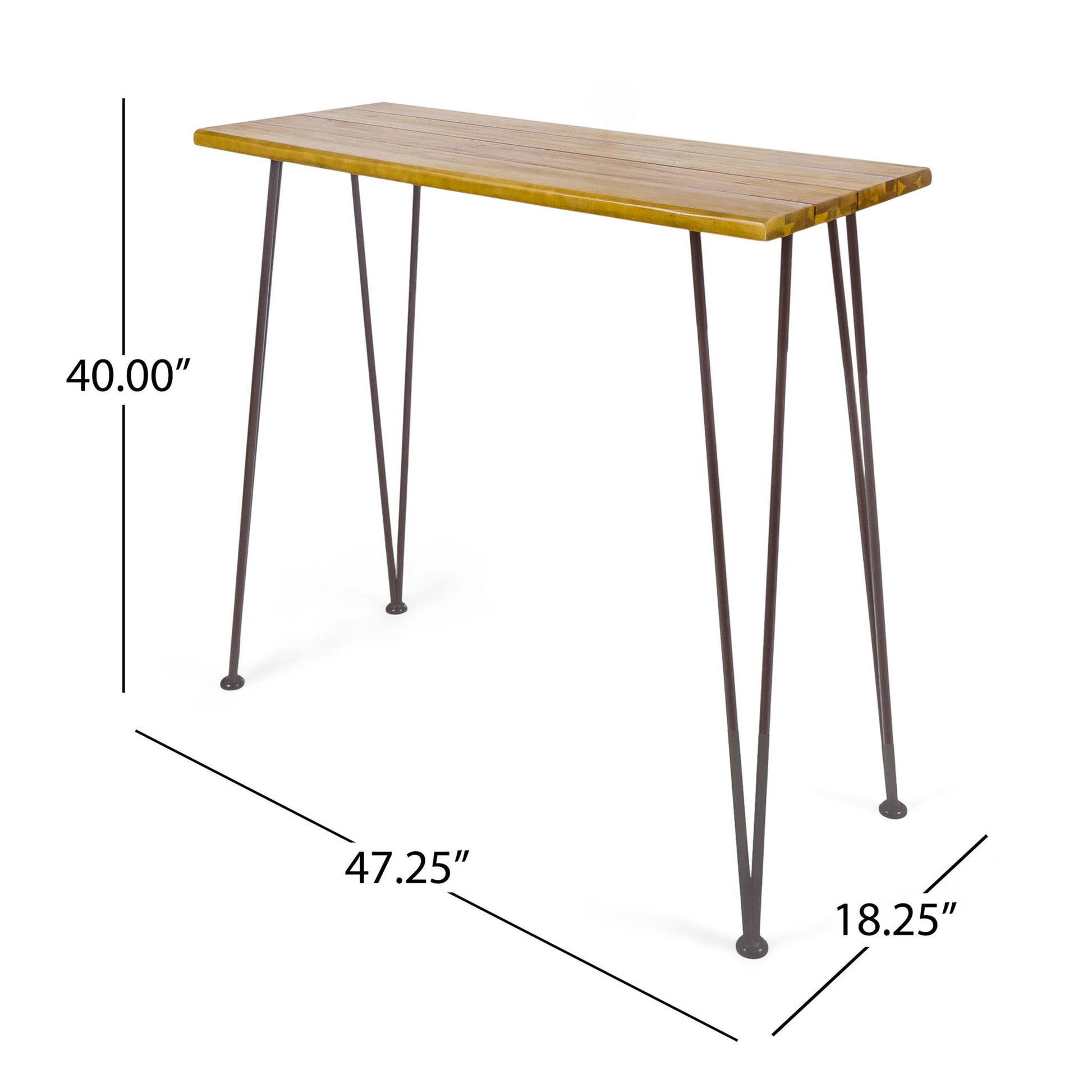 The Outdoor Bar Table features a teak wood tabletop with slim black iron hairpin legs. It measures 40" tall, 47.25" wide, and 18.25" deep.