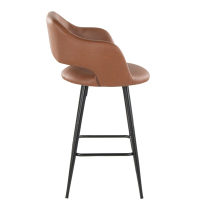 The Margarite Counter Stool features a brown leather seat with a curved backrest and four black metal legs, complete with a square footrest. Available as a set of 2.
