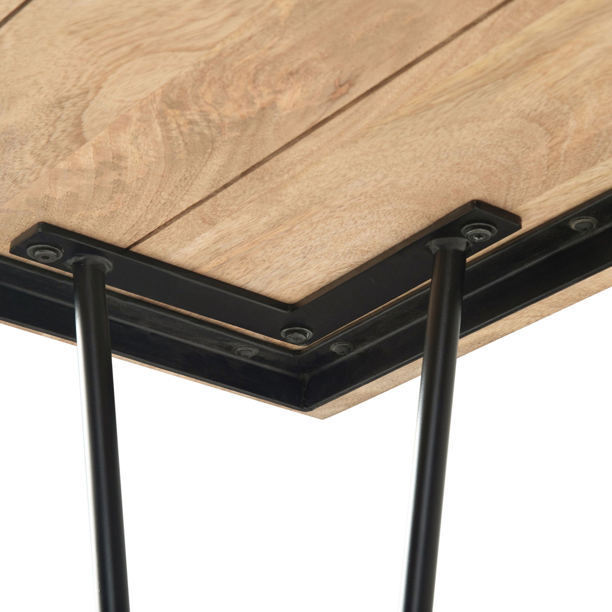 Close-up of the underside of the Hunter - Square Tabletop Dining Table, featuring black metal hairpin legs secured with a V-shaped metal bracket and screws at the corner.