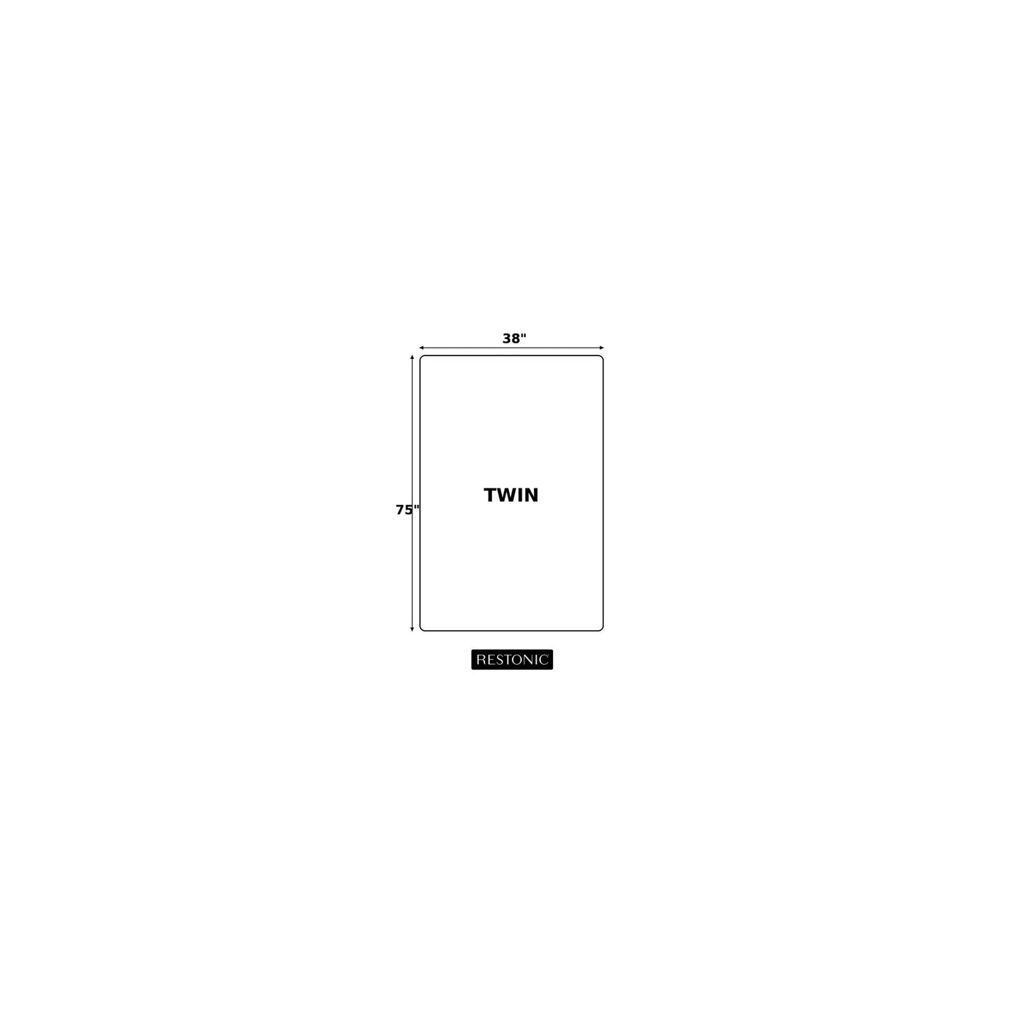 Diagram of a Comfort Care - 9" 2 Sided Foam Core Mattress, Medium Comfort (Twin), showing dimensions: 38 inches wide by 75 inches long. "TWIN" is centered on the mattress with "Restonic" below it.
