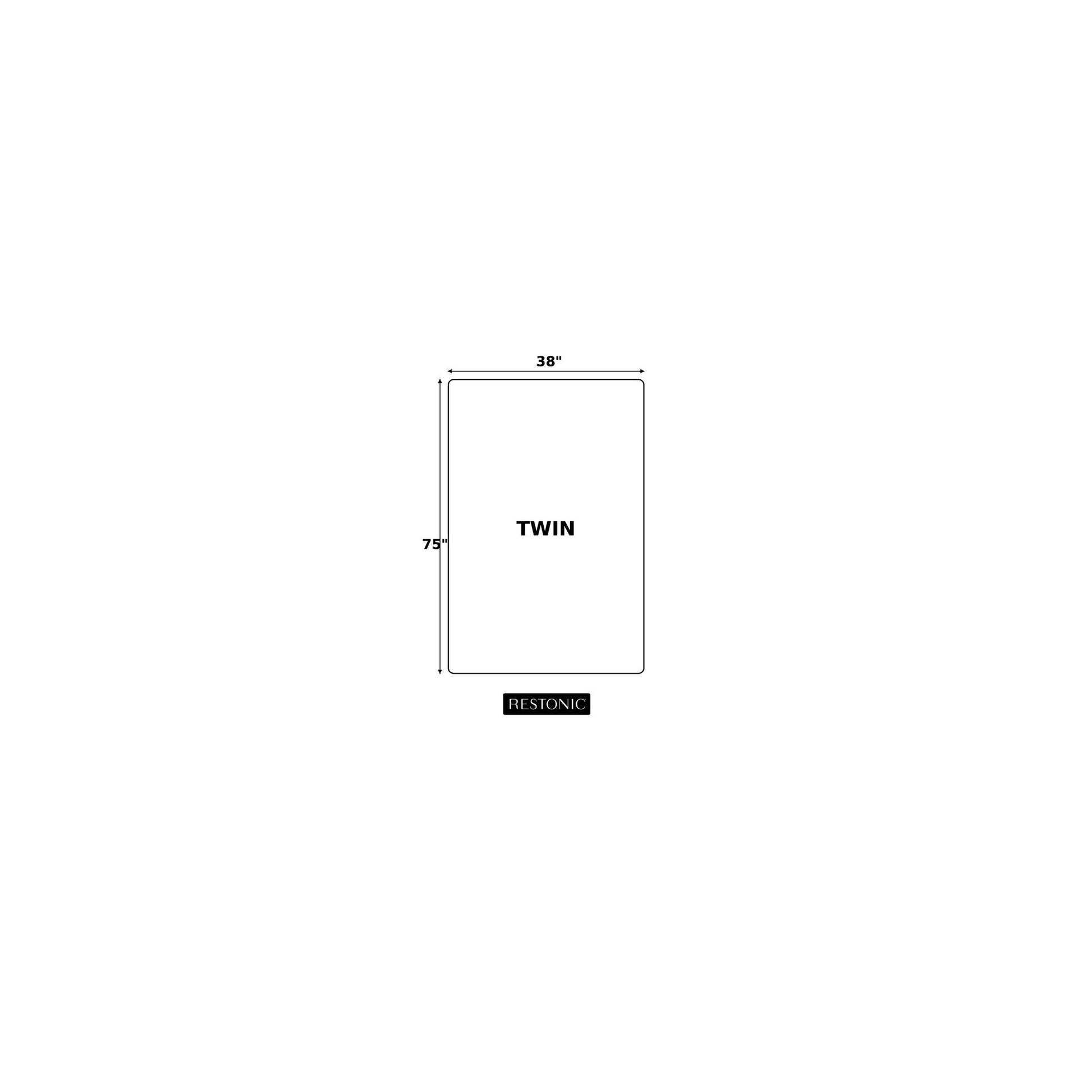 Diagram of a Comfort Care - 9" 2 Sided Foam Core Mattress, Medium Comfort (Twin), showing dimensions: 38 inches wide by 75 inches long. "TWIN" is centered on the mattress with "Restonic" below it.