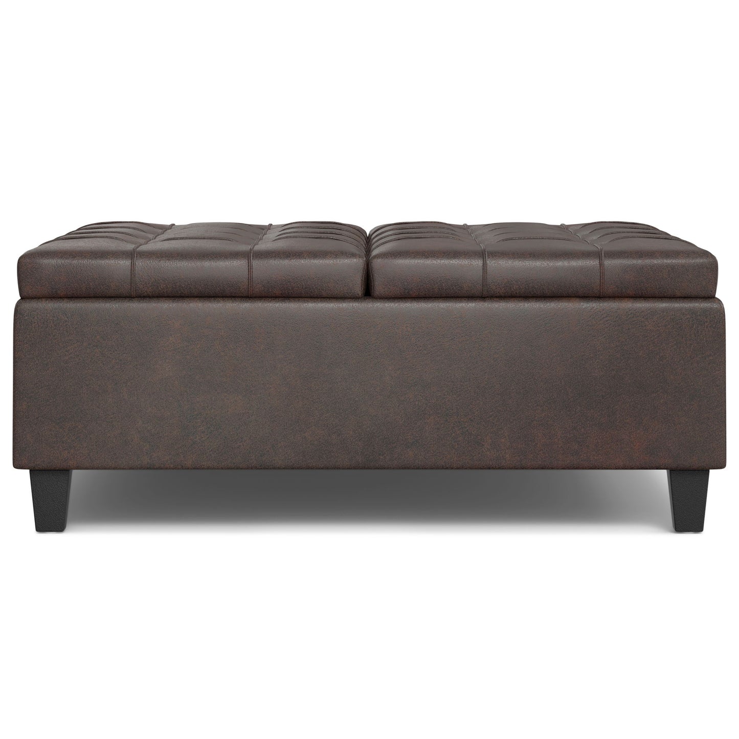 The Harrison Large Coffee Table Storage Ottoman features a rectangular, dark brown tufted leather top with short black legs, cushioned surface, and a modern, simple design—perfect as both seating and storage.