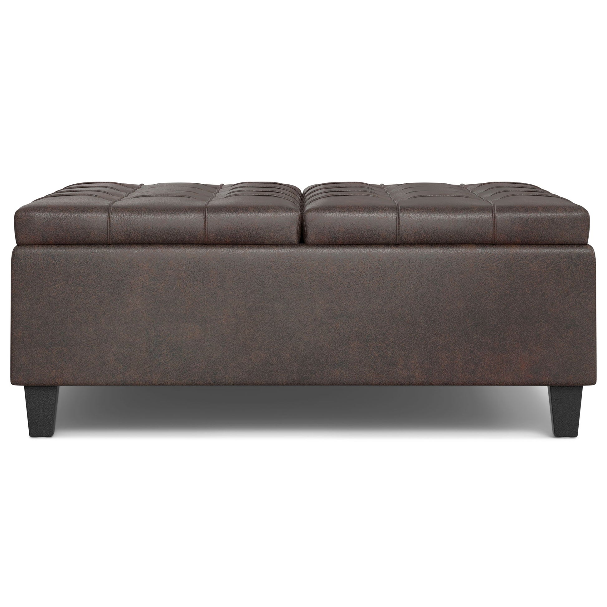 The Harrison Large Coffee Table Storage Ottoman features a rectangular, dark brown tufted leather top with short black legs, cushioned surface, and a modern, simple design—perfect as both seating and storage.