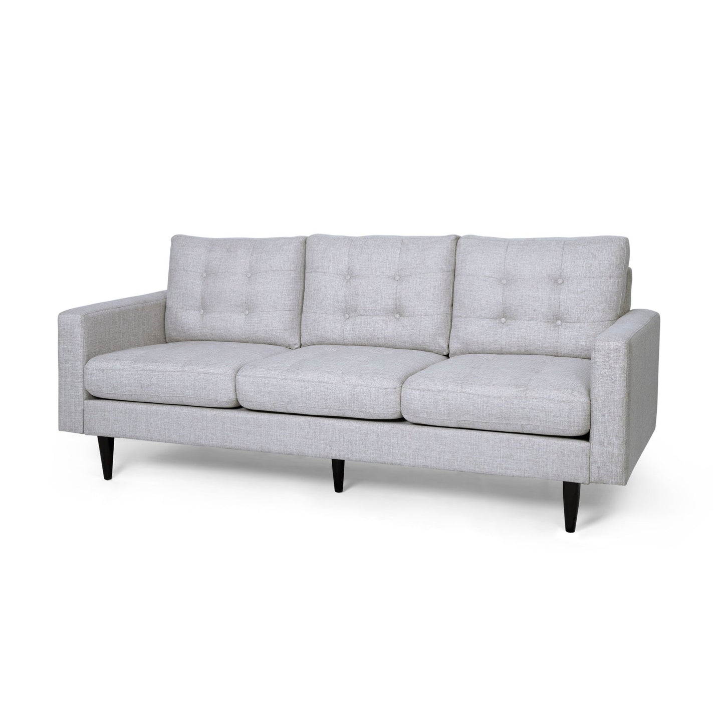 The Jenny - Contemporary Tufted Fabric 3 Seater Sofa features modern light gray upholstery, three seat and backrest cushions, tufted button details, straight armrests, and black tapered legs.