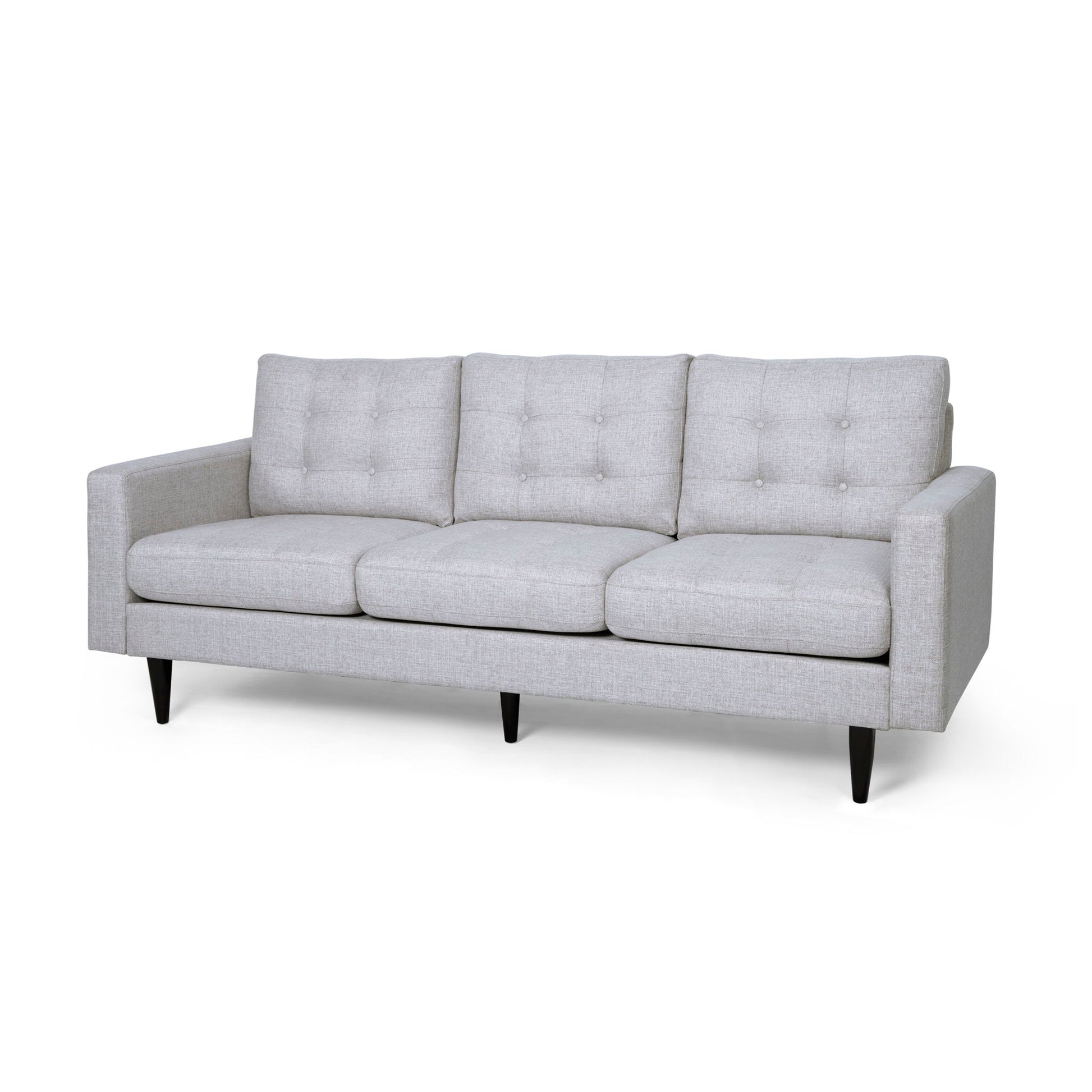The Jenny - Contemporary Tufted Fabric 3 Seater Sofa features modern light gray upholstery, three seat and backrest cushions, tufted button details, straight armrests, and black tapered legs.