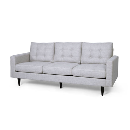The Jenny - Contemporary Tufted Fabric 3 Seater Sofa features modern light gray upholstery, three seat and backrest cushions, tufted button details, straight armrests, and black tapered legs.
