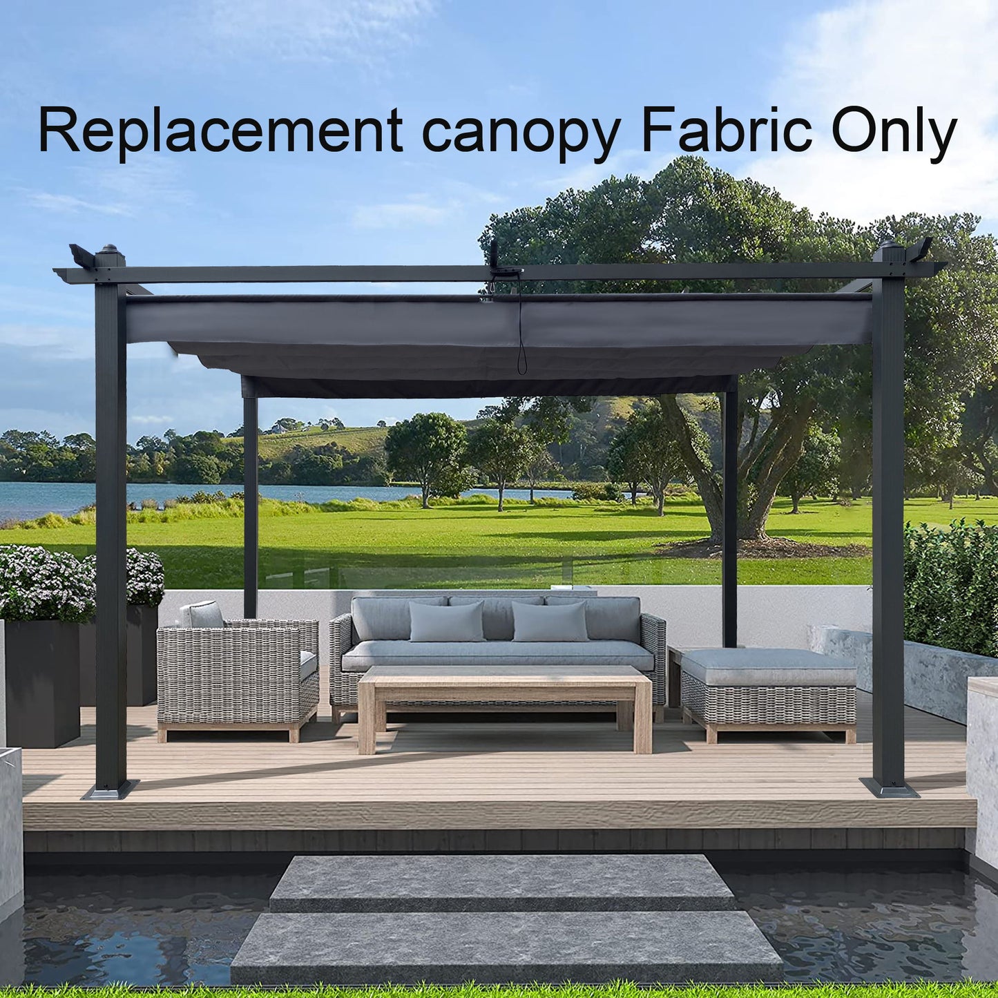 A modern outdoor patio with a gray pergola featuring the Replacement Canopy Top Cover Fabric For Outdoor Patio Retractable Pergola Sun-Shelter Canopy. Wicker sofas, light cushions, coffee table, and wooden deck overlook a green lawn and lake. "Fabric Only.