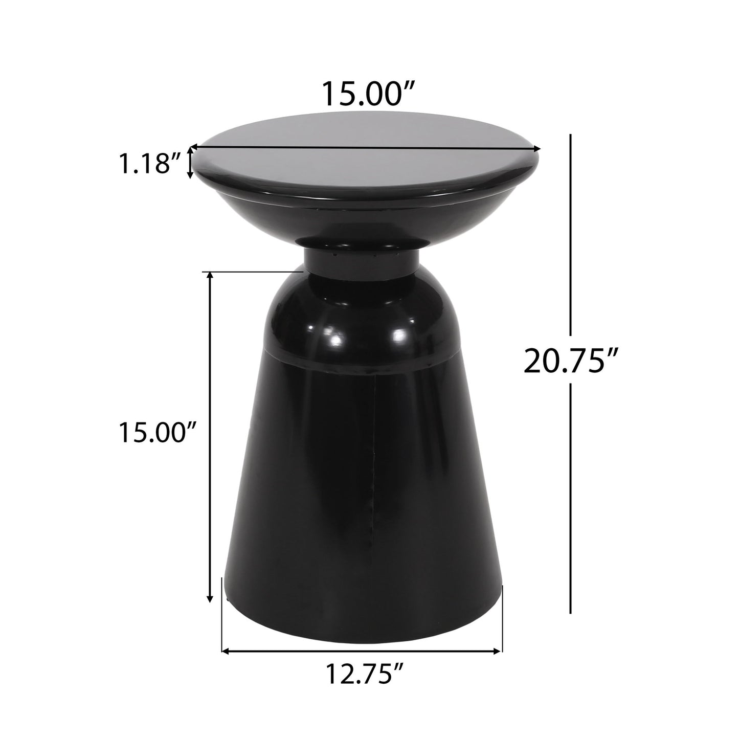 The Outdoor Modern Metal End Large Table features a black round top (15" diameter, 1.18" thick), stands 20.75" high with a 12.75" base, and has dimensions marked in white text.