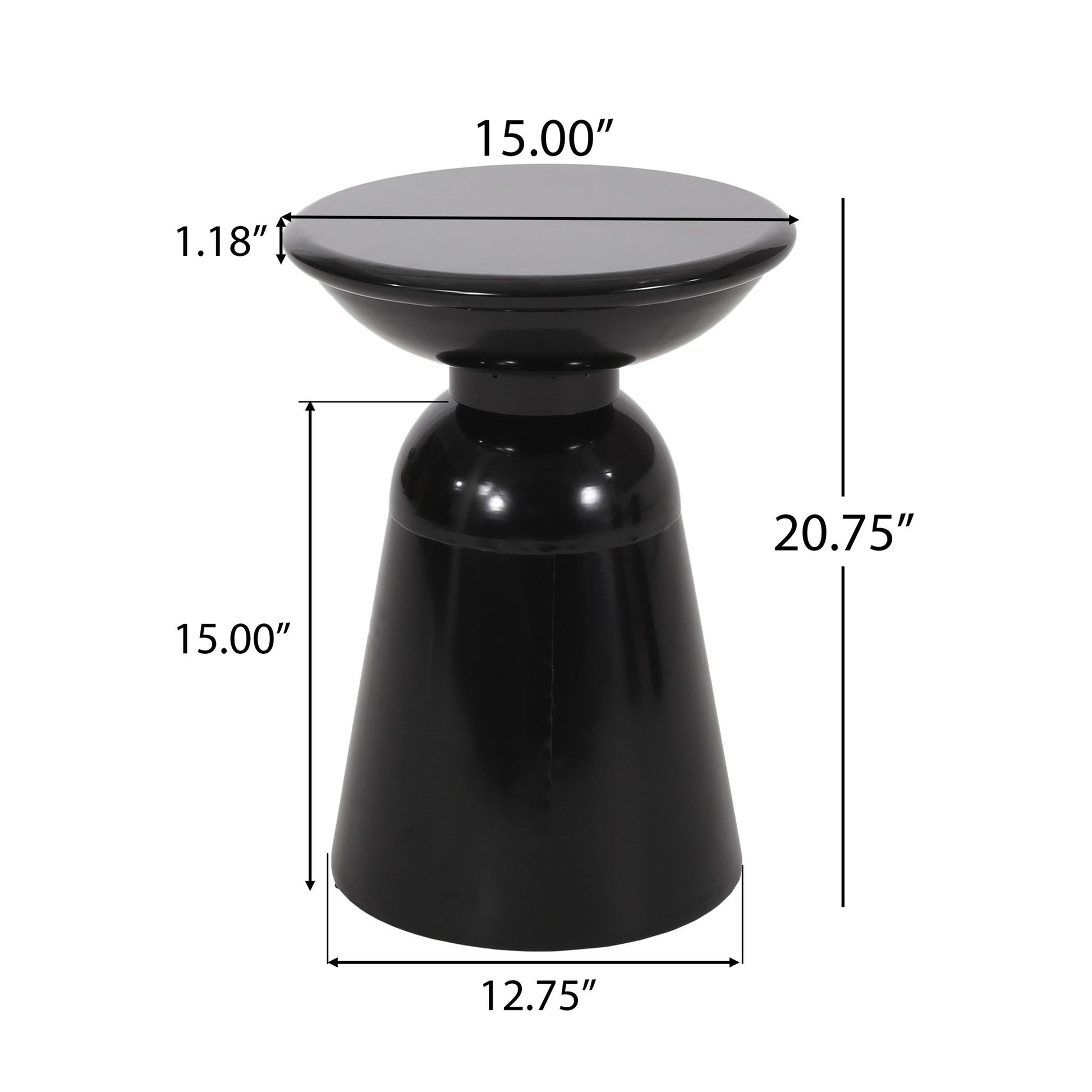 The Outdoor Modern Metal End Large Table features a black round top (15" diameter, 1.18" thick), stands 20.75" high with a 12.75" base, and has dimensions marked in white text.