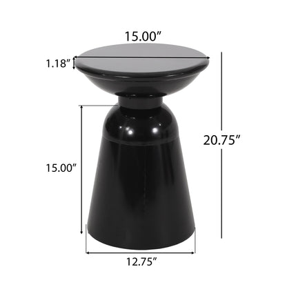 The Outdoor Modern Metal End Large Table features a black round top (15" diameter, 1.18" thick), stands 20.75" high with a 12.75" base, and has dimensions marked in white text.