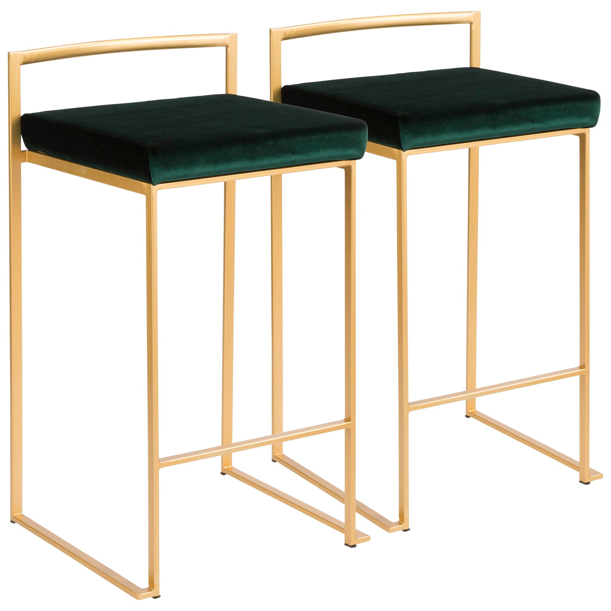 The Fuji Counter Stool set includes two contemporary glam stools with gold metal frames and dark green velvet square seats, featuring open backs and a minimalist geometric design.
