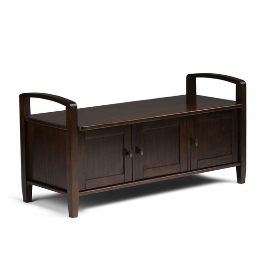 The Warm Shaker - Handcrafted Entryway Storage Bench features a dark brown wood finish, two armrests, three cabinet doors with metal knobs, and a flat top, shown against a plain white background.