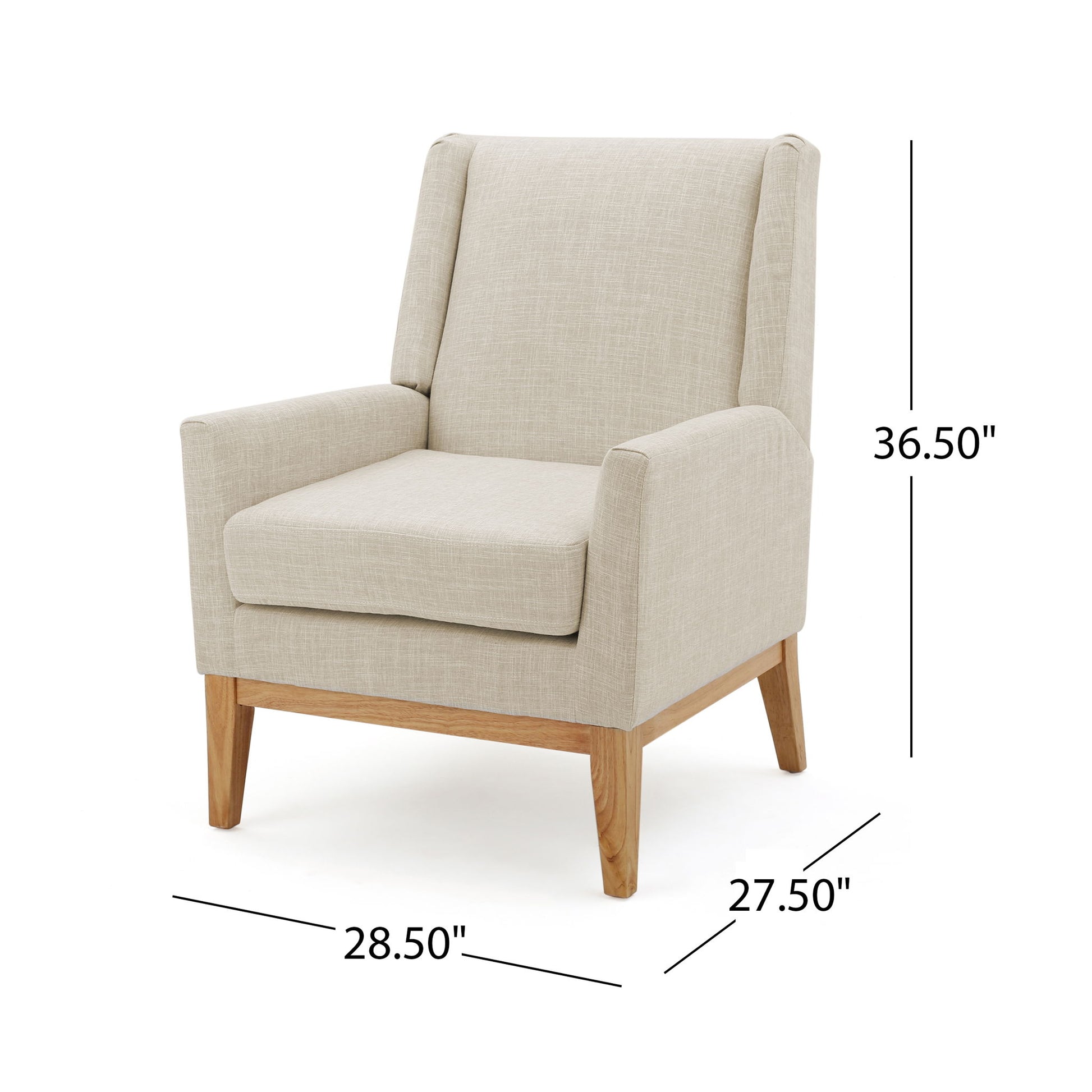 The Modern Accent Chair With Padded Cushion Seat features beige upholstery, wooden legs, and cushioned seat and back. Dimensions: 36.5" tall, 28.5" wide, 27.5" deep.