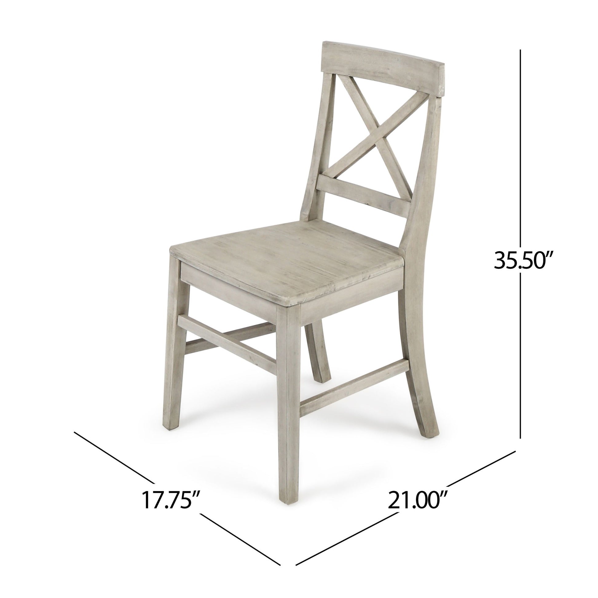 The Plethora Dining Chair (Set of 2) features an X-shaped back, a light gray wooden finish, and measures 35.5"H x 21"D x 17.75"W.