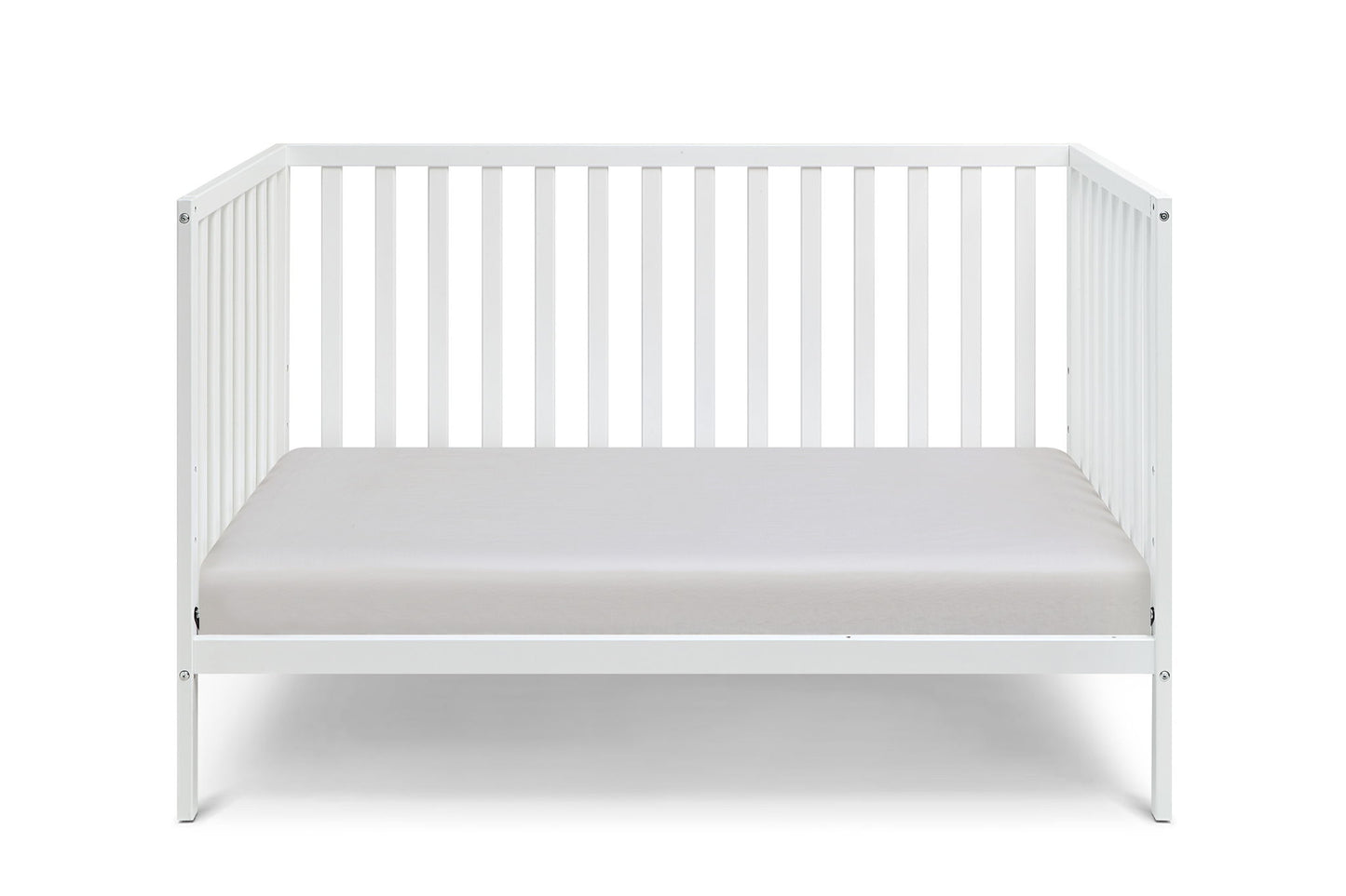 The Palmer - 3-in-1 Convertible Island Crib is a white crib with open sides and slatted back rails, shown with a plain light gray mattress against a white background.