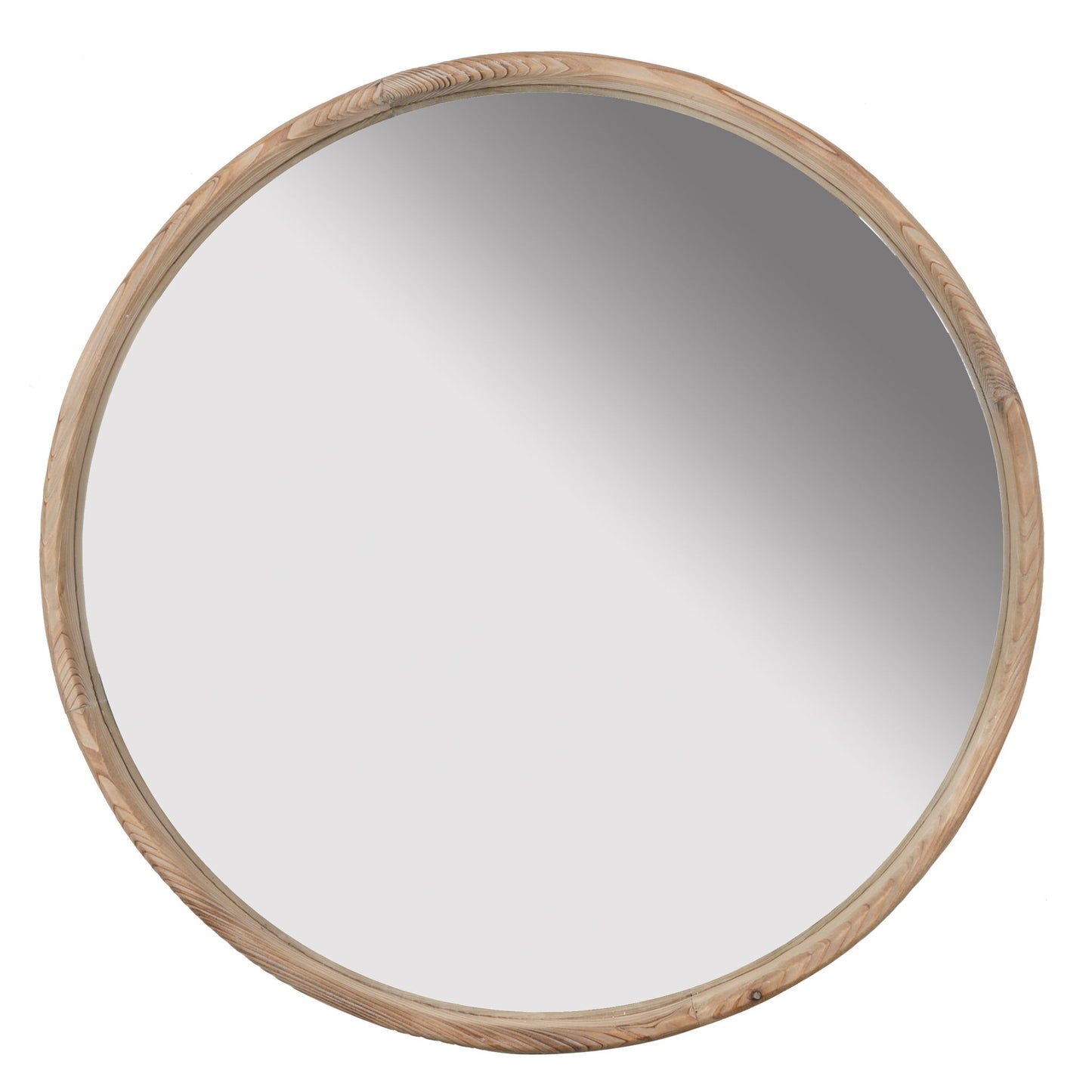 The Round Wood Mirror is a wall-mounted mirror with a light wood frame, perfect for adding home decor to your bathroom or living room while reflecting a gradient of light and shadows.