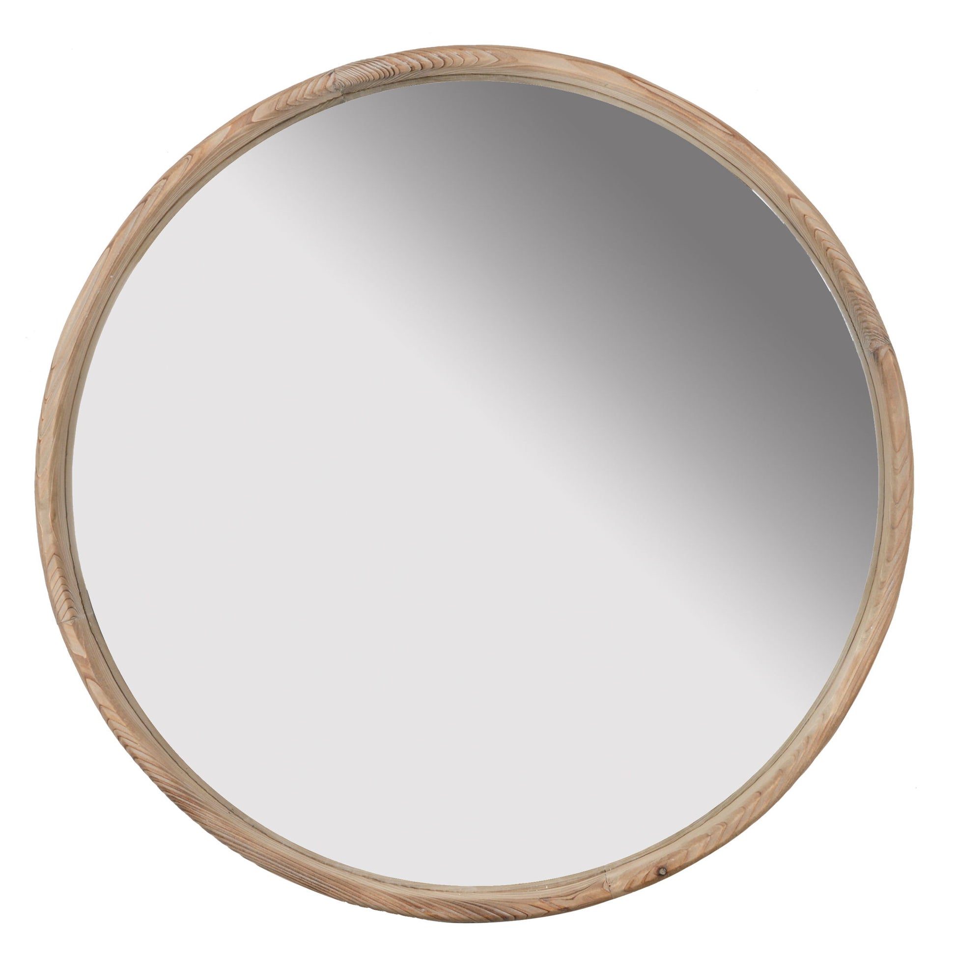 The Round Wood Mirror is a wall-mounted mirror with a light wood frame, perfect for adding home decor to your bathroom or living room while reflecting a gradient of light and shadows.