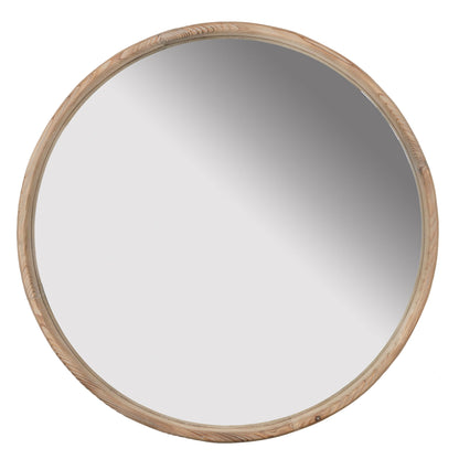 The Round Wood Mirror is a wall-mounted mirror with a light wood frame, perfect for adding home decor to your bathroom or living room while reflecting a gradient of light and shadows.