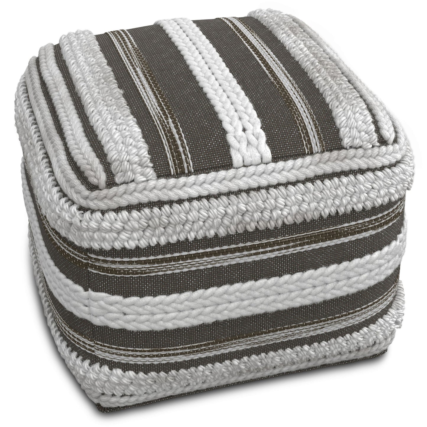 The Sommer - Handcrafted Square Pouf features bold, horizontal black and white stripes with textured braided detailing along the edges and surface.