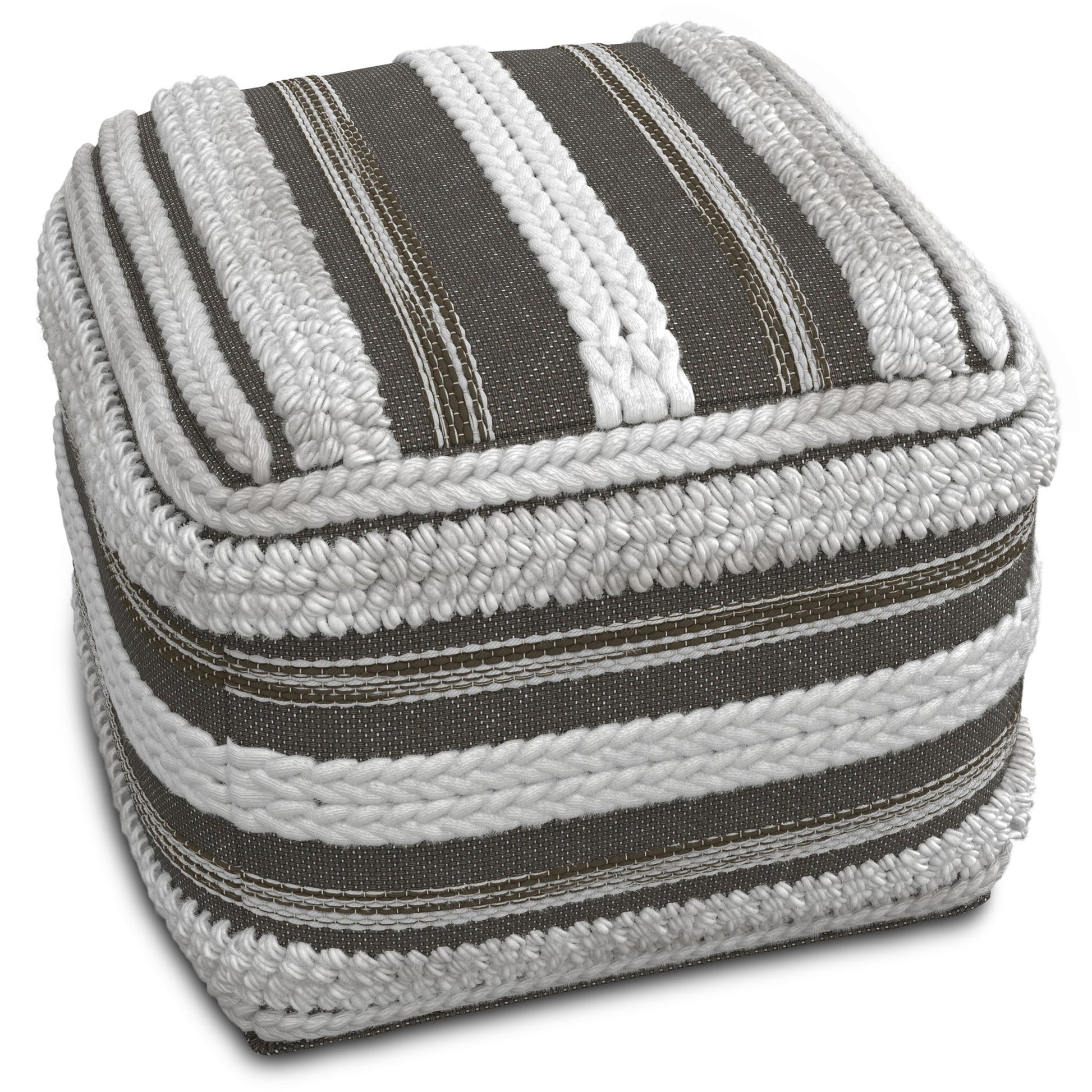 The Sommer - Handcrafted Square Pouf features bold, horizontal black and white stripes with textured braided detailing along the edges and surface.