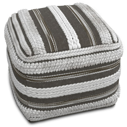 The Sommer - Handcrafted Square Pouf features bold, horizontal black and white stripes with textured braided detailing along the edges and surface.