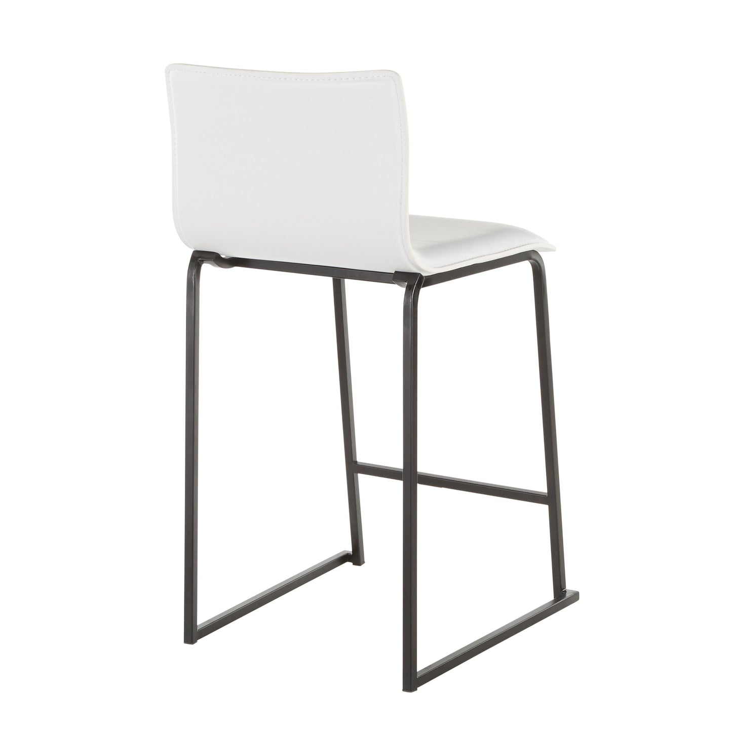 The Mara Upholstered Contemporary Counter Stool set offers a sleek, minimalist design with a smooth white seat and backrest paired with stylish black metal legs, highlighting its modern elegance.