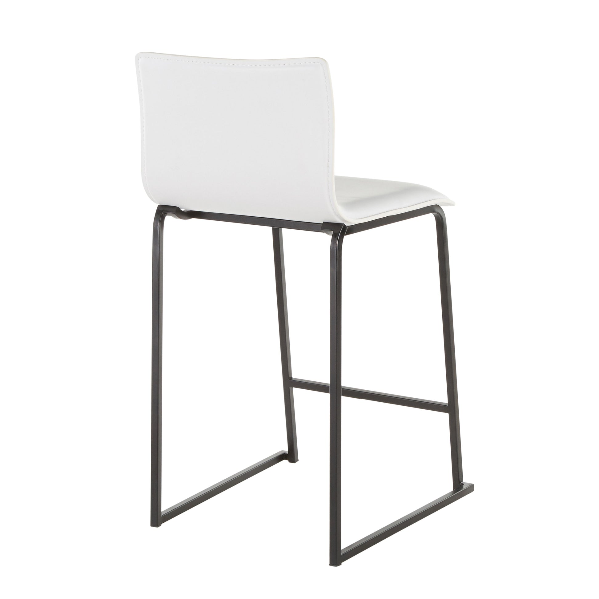The Mara Upholstered Contemporary Counter Stool set offers a sleek, minimalist design with a smooth white seat and backrest paired with stylish black metal legs, highlighting its modern elegance.