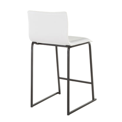 The Mara Upholstered Contemporary Counter Stool set offers a sleek, minimalist design with a smooth white seat and backrest paired with stylish black metal legs, highlighting its modern elegance.