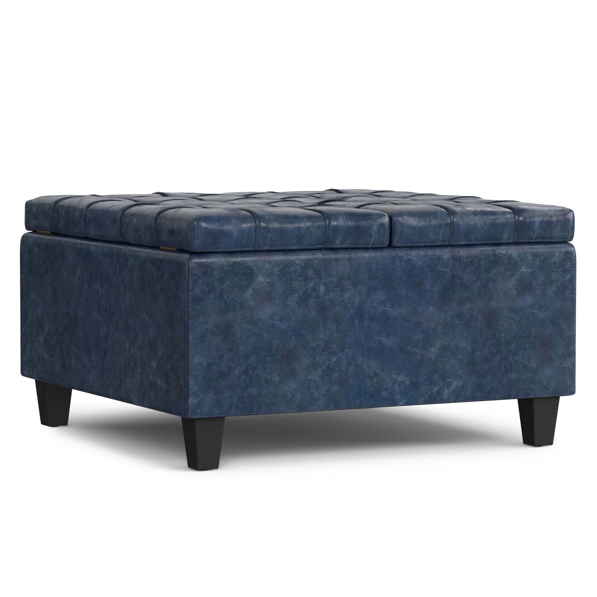 The Harrison Upholstered Coffee Table Storage Ottoman features a square blue tufted cushioned lid, textured fabric upholstery, short black legs, and a modern design.