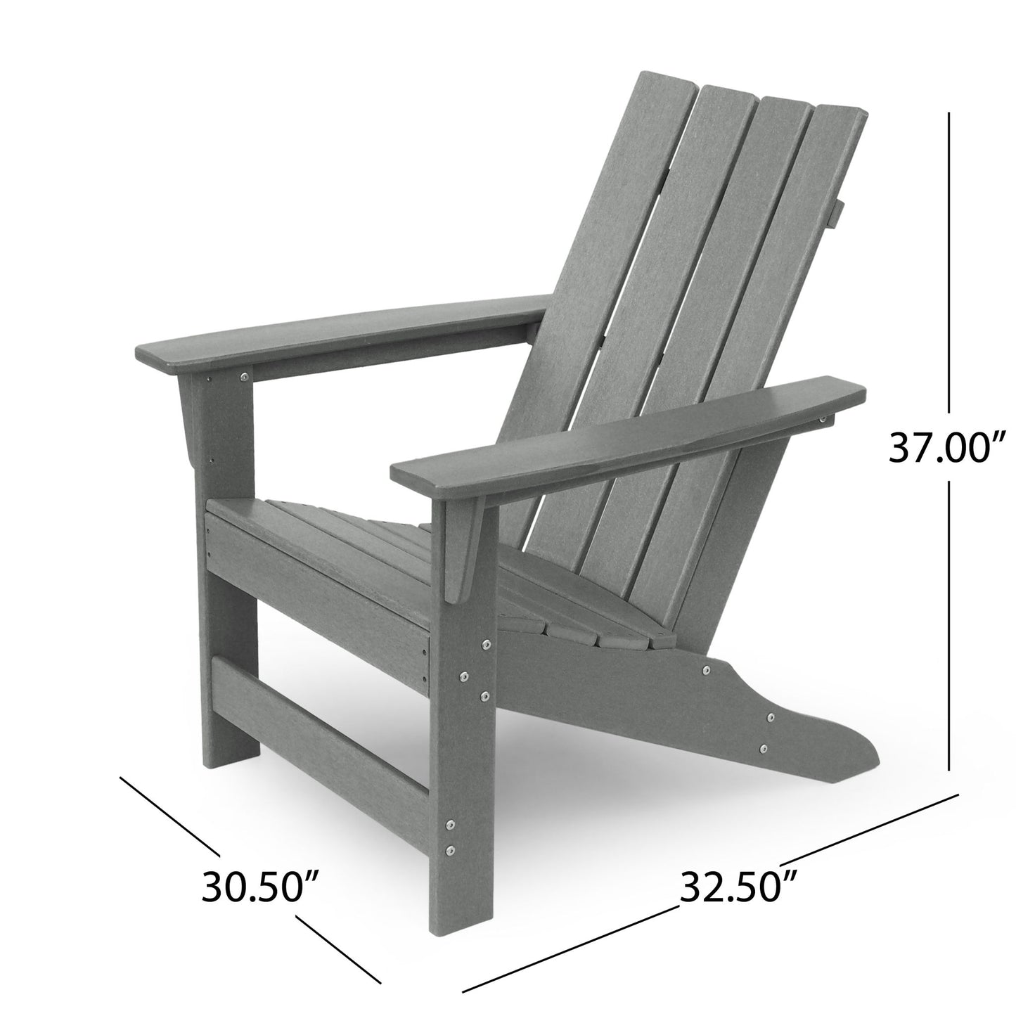 The Enigmara Outdoor High Density Resin Adirondack Chair in gray is pictured at an angle, featuring wide armrests, a slatted back and seat, a slightly reclined design, and dimensions of 37.00"H x 32.50"D x 30.50"W.