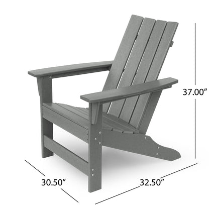 The Enigmara Outdoor High Density Resin Adirondack Chair in gray is pictured at an angle, featuring wide armrests, a slatted back and seat, a slightly reclined design, and dimensions of 37.00"H x 32.50"D x 30.50"W.