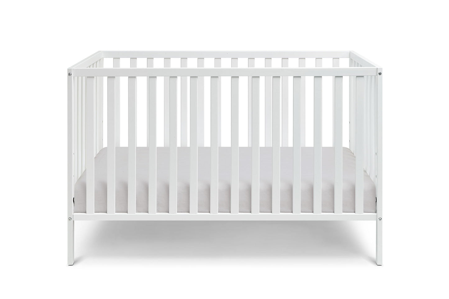 The Palmer - 3-in-1 Convertible Island Crib features vertical slats on all four sides and a fitted mattress. With its simple, modern design, this white crib is shown against a plain white background.