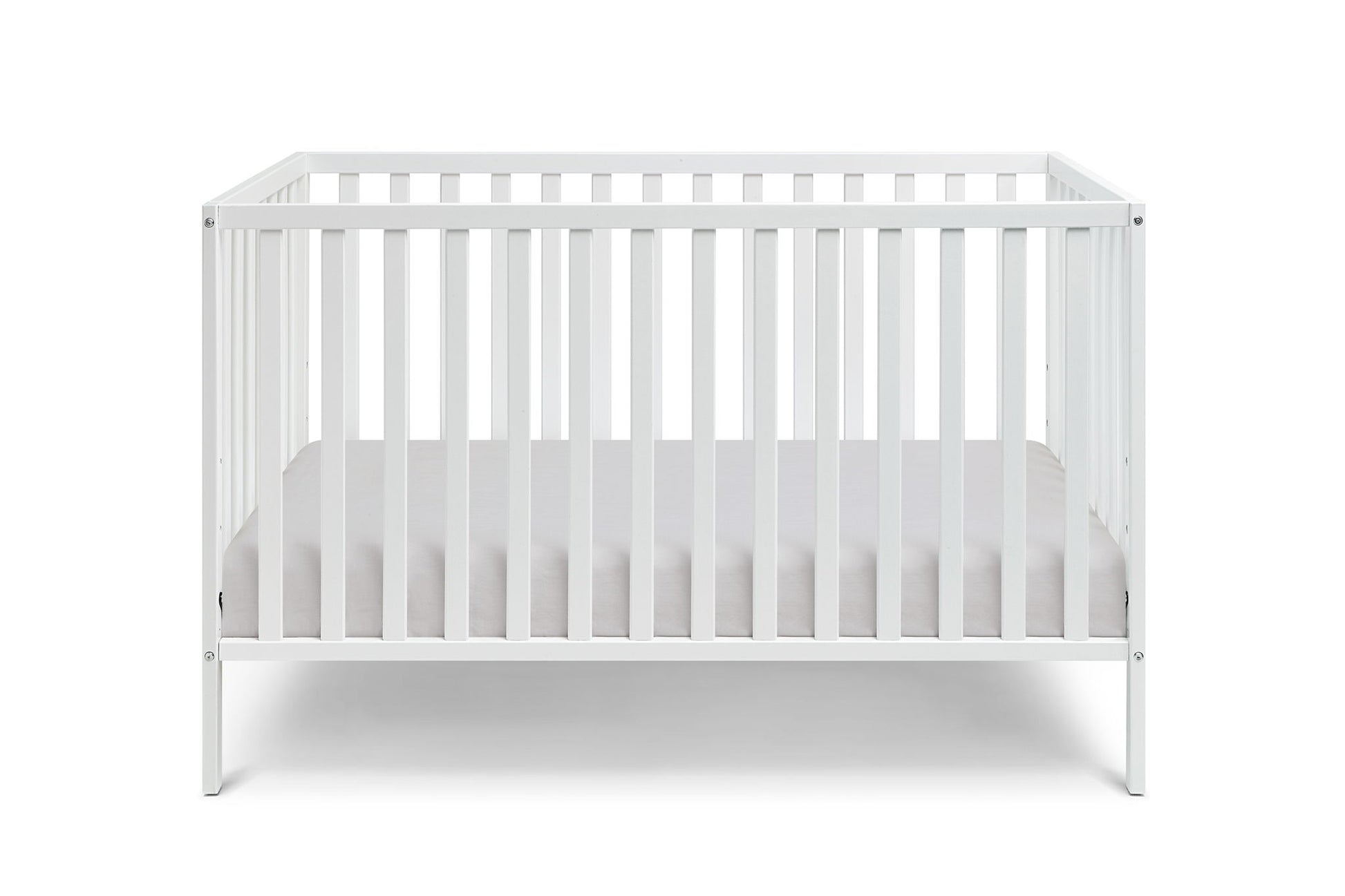 The Palmer - 3-in-1 Convertible Island Crib features vertical slats on all four sides and a fitted mattress. With its simple, modern design, this white crib is shown against a plain white background.
