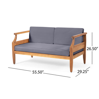 The Aston 2 Piece Wood Outdoor Patio Conversation Seating Set features a wooden frame and gray cushions. Dimensions: 55.5" W x 29.25" D x 26.5" H.