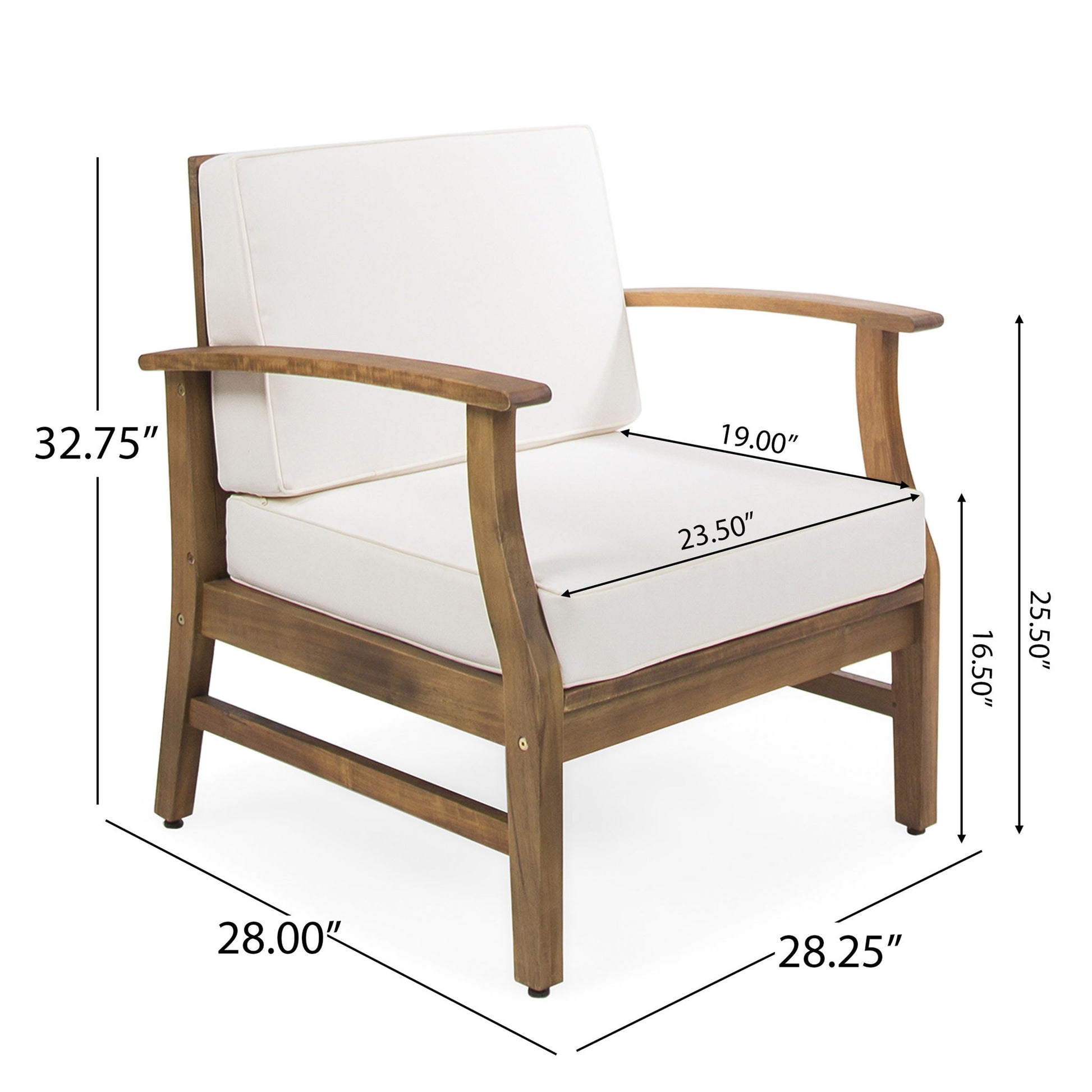 The Perla Contemporary Club Chair features water-resistant white cushions. Dimensions: 32.75" tall, 28" wide, 28.25" deep; seat height 16.5", arm height 25", seat depth 19", seat width 23.5".
