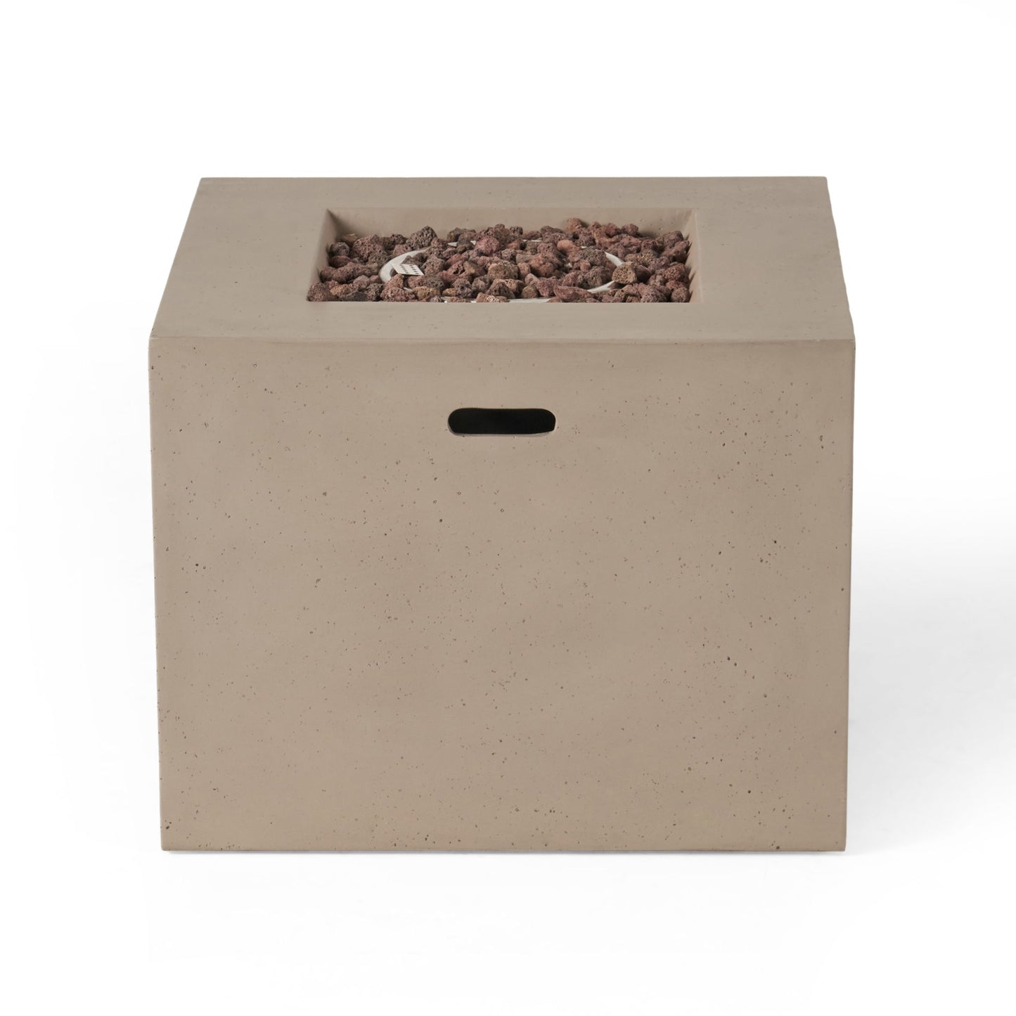 The Outdoor Patio Square Gas Burning Concrete Fire Pit 40,000 Btu features a tan concrete body, recessed top with lava rocks, and side handle slot. Shown against a plain white background.