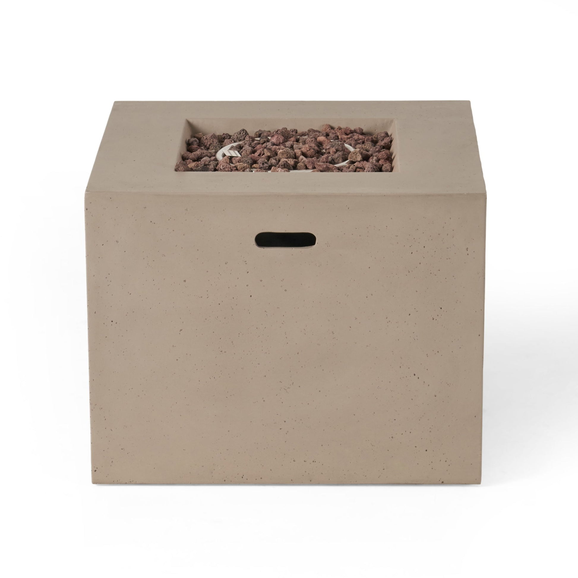 The Outdoor Patio Square Gas Burning Concrete Fire Pit 40,000 Btu features a tan concrete body, recessed top with lava rocks, and side handle slot. Shown against a plain white background.
