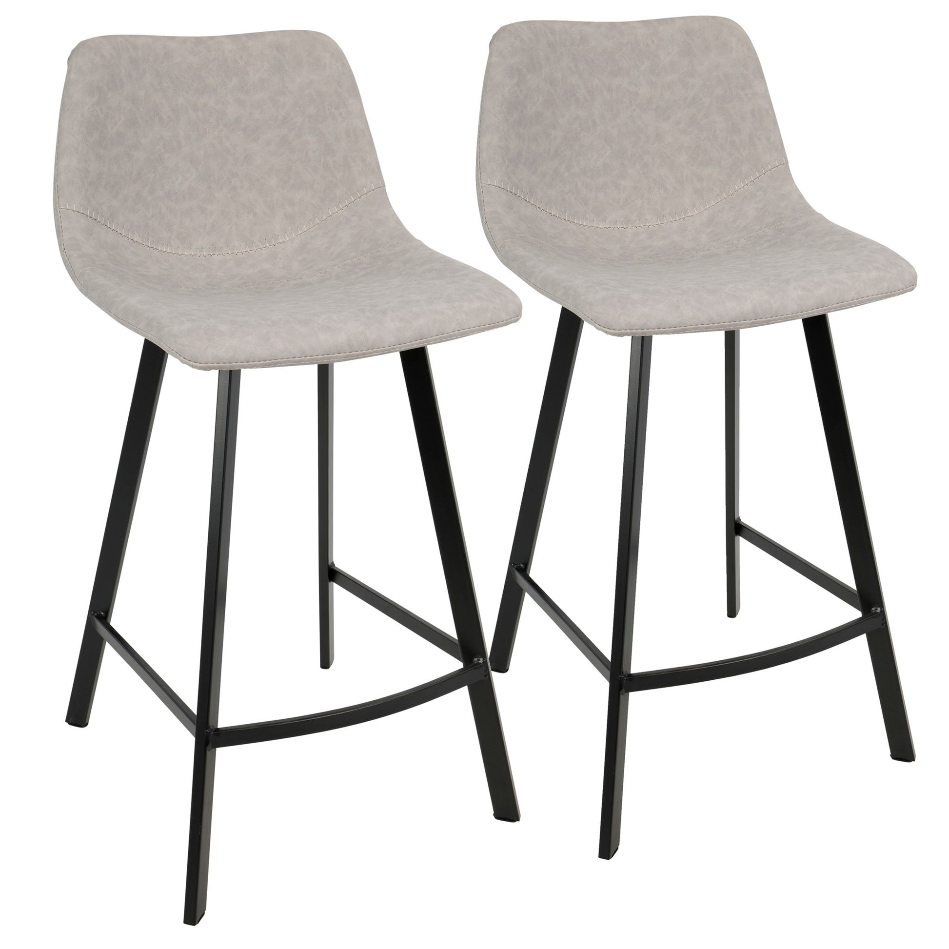 The Outlaw Industrial Counter Stool set includes two modern barstools with light gray cushions, black metal legs, curved backs, and footrests for support, shown side by side on a white background.