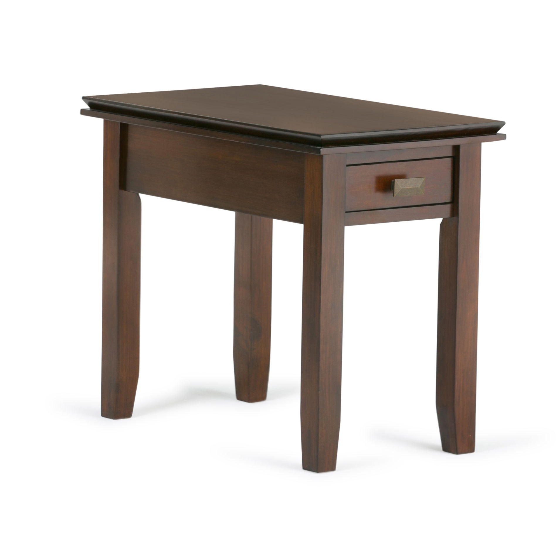 The Artisan - Handcrafted Narrow Side Table features a dark brown wooden finish, four straight legs, and a small drawer with a metal handle beneath the tabletop.