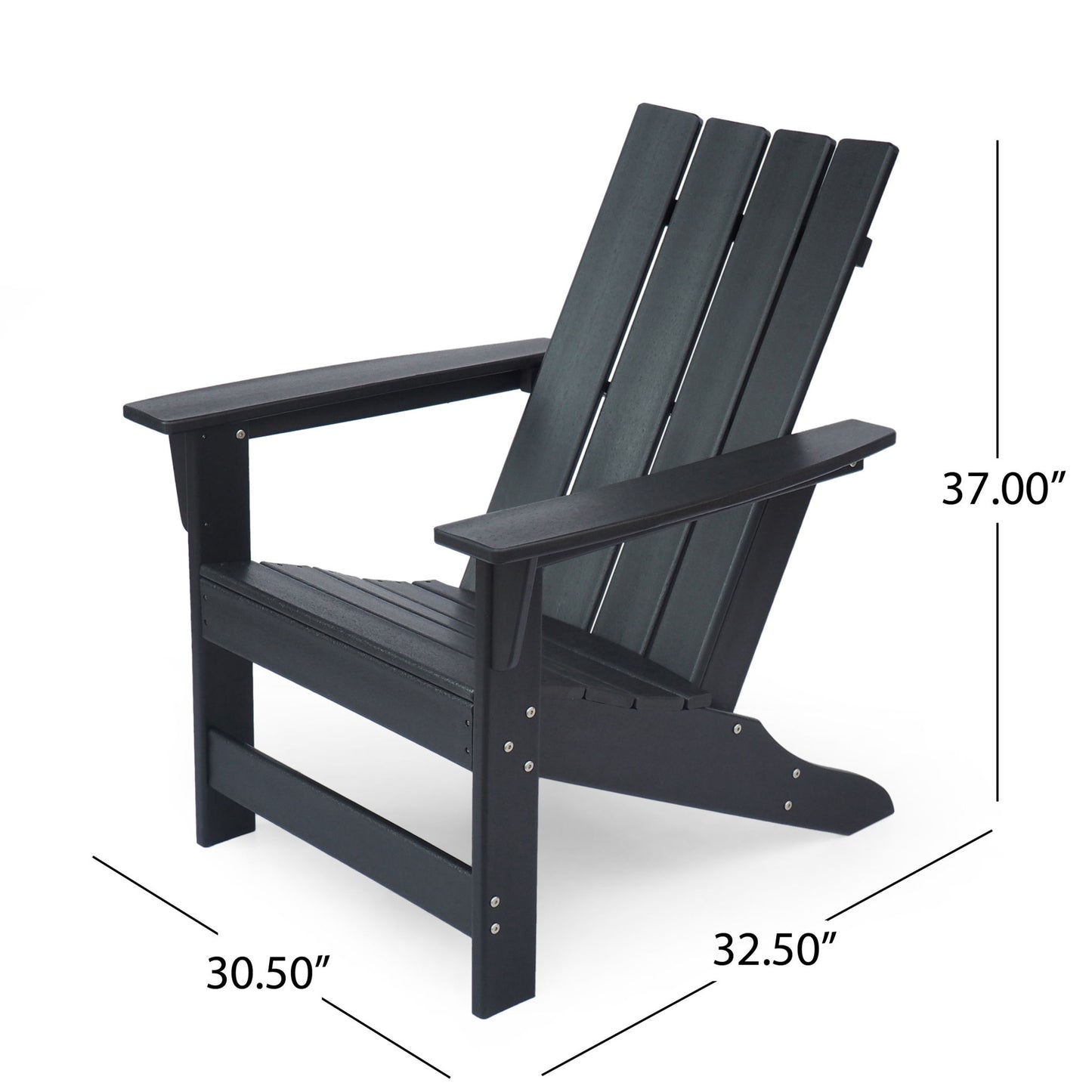 The Enigmara Outdoor High Density Resin Adirondack Chair, shown angled in black, features wide armrests and a slatted backrest. Dimensions: 37" tall, 32.5" deep, and 30.5" wide.