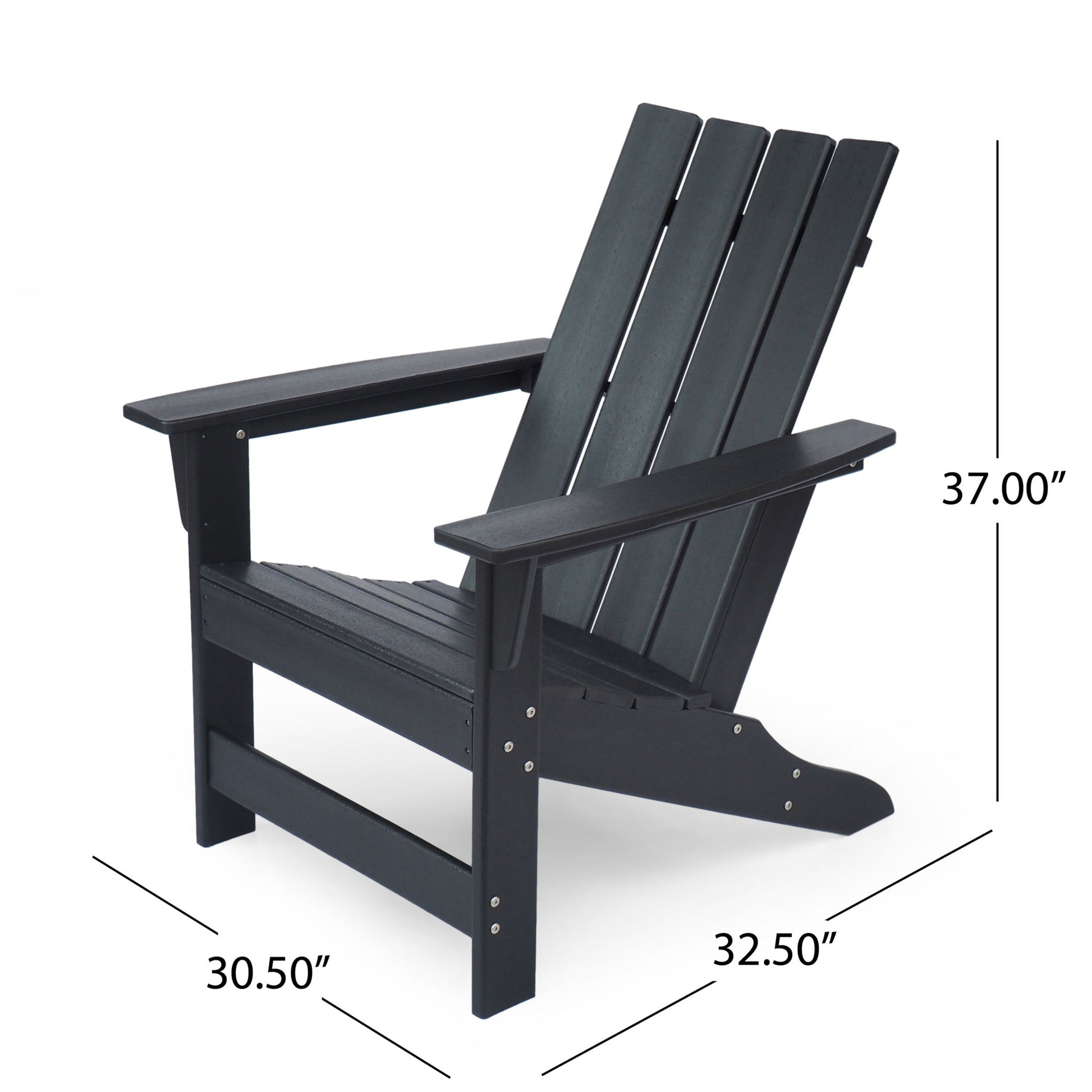 The Enigmara Outdoor High Density Resin Adirondack Chair, shown angled in black, features wide armrests and a slatted backrest. Dimensions: 37" tall, 32.5" deep, and 30.5" wide.