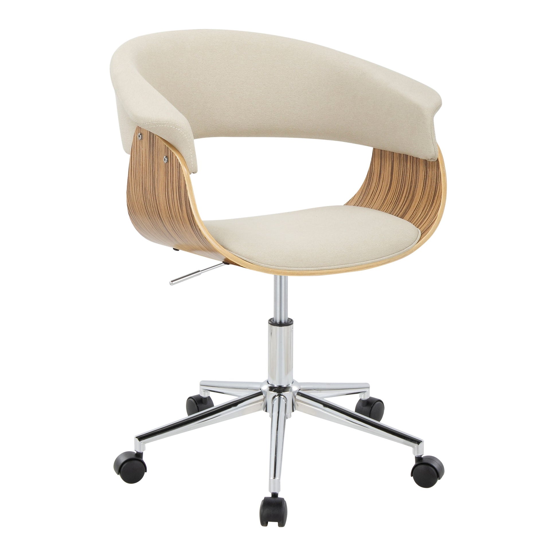The Vintage Mod - Mid-Century Modern Office Chair features a curved wooden frame, beige upholstered seat and backrest, and a chrome metal base with five black caster wheels.