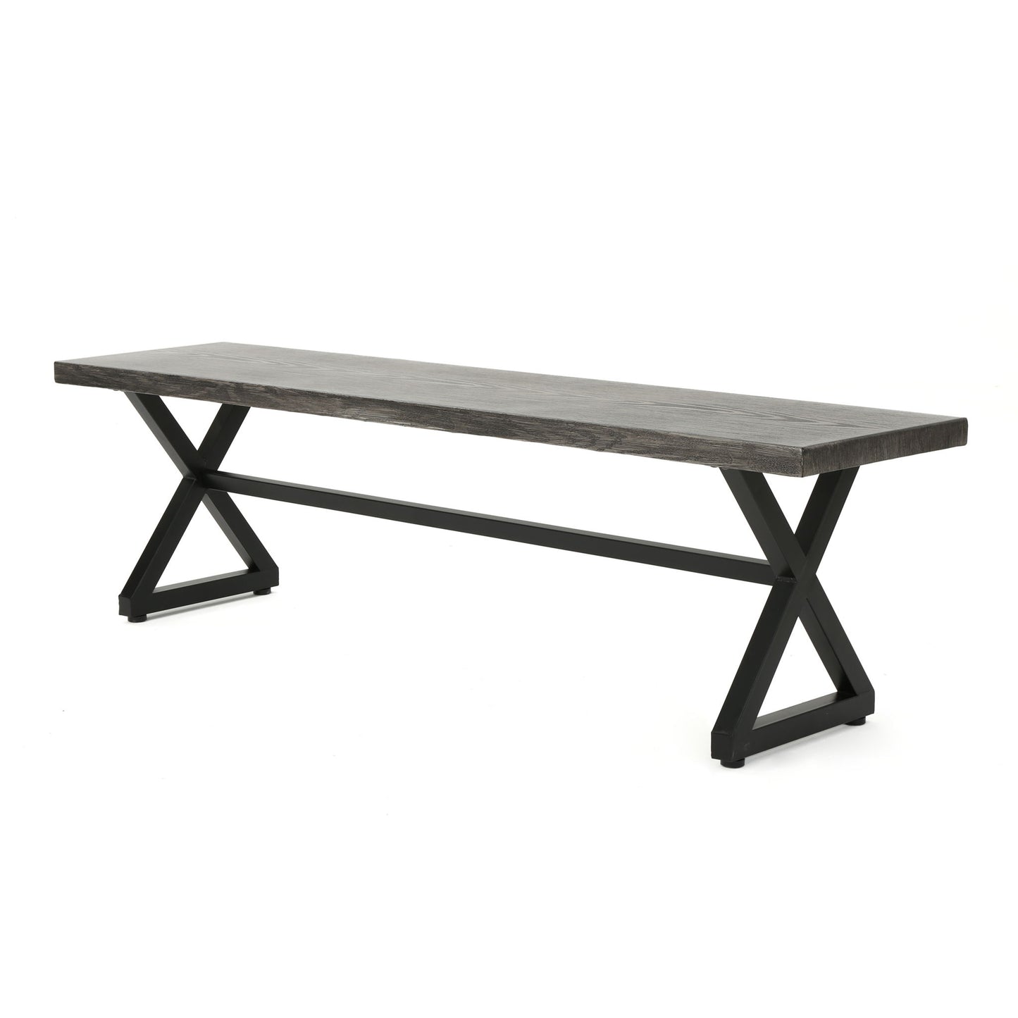 The Modern Aluminum Outdoor Dining Bench With X Base features a sleek design with a dark seat and black metal X-shaped legs, shown against a white background.