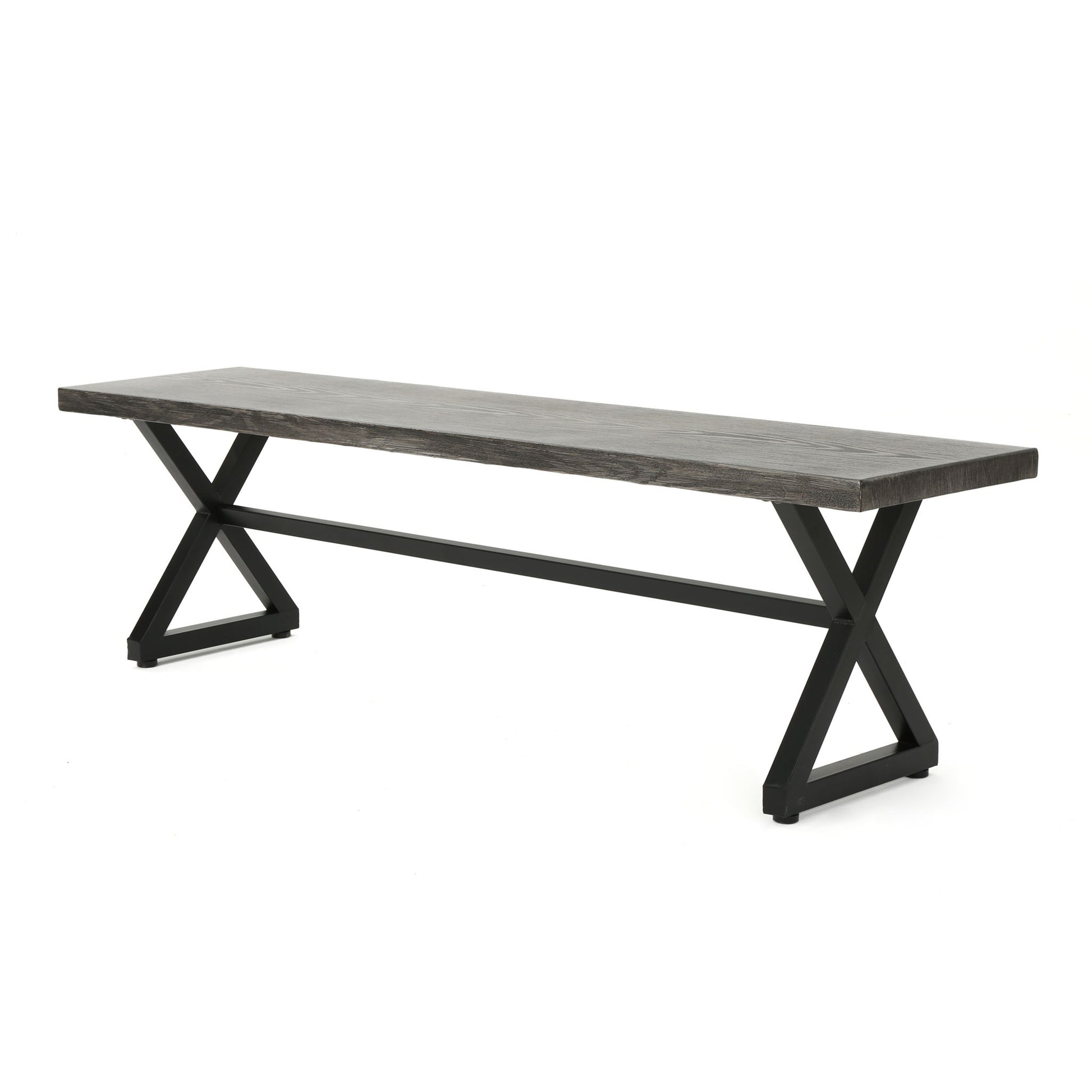 The Modern Aluminum Outdoor Dining Bench With X Base features a sleek design with a dark seat and black metal X-shaped legs, shown against a white background.