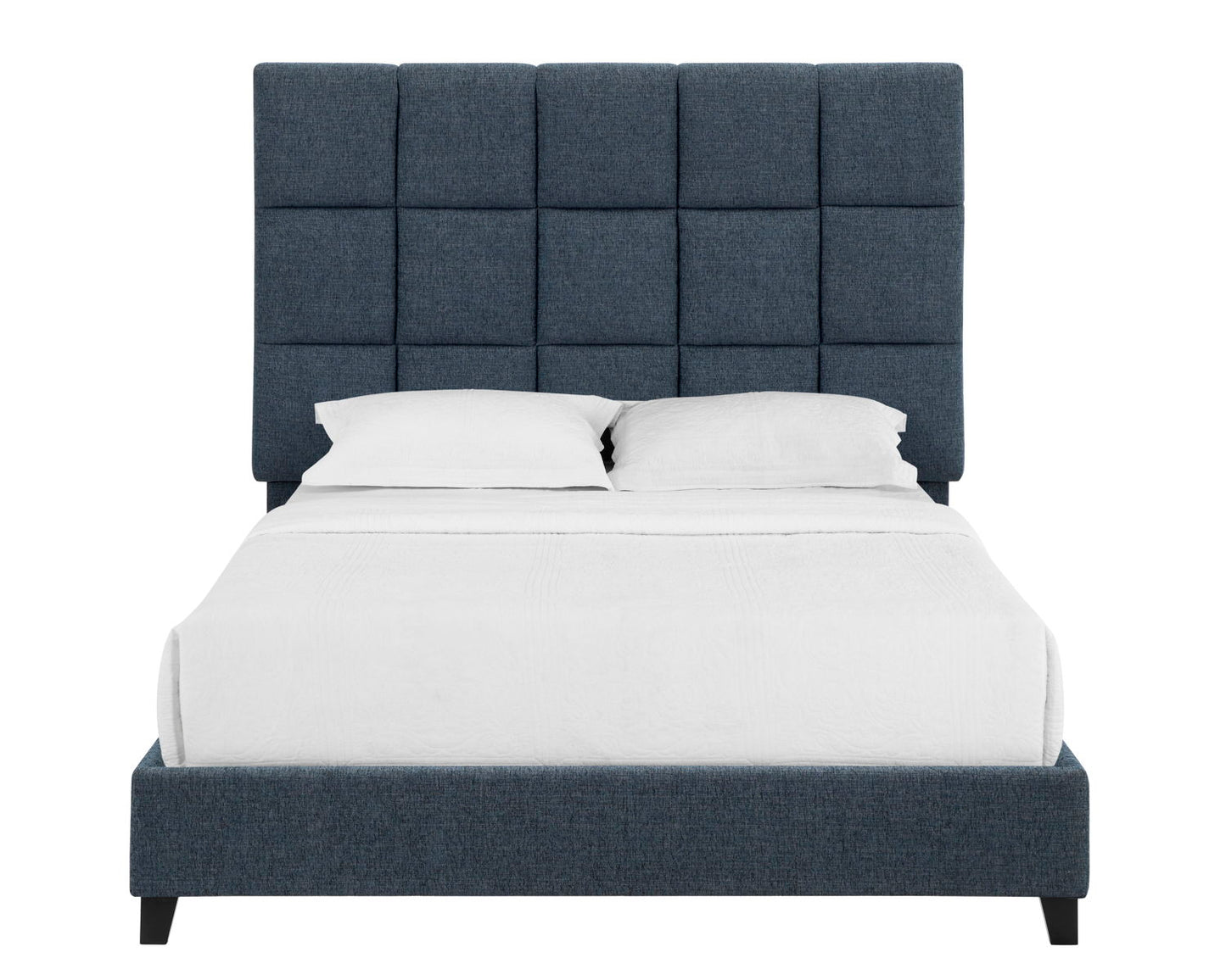 The Squares Upholstered Platform Bed features a tall, dark blue, square-tiled headboard, white bedding, and two white pillows, displayed against a plain white background.