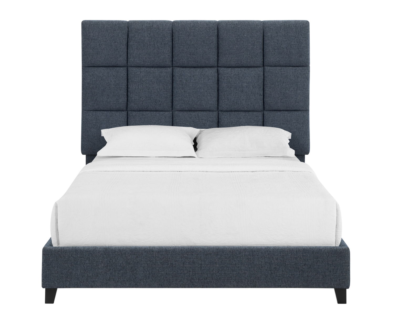 The Squares Upholstered Platform Bed features a tall, dark blue, square-tiled headboard, white bedding, and two white pillows, displayed against a plain white background.