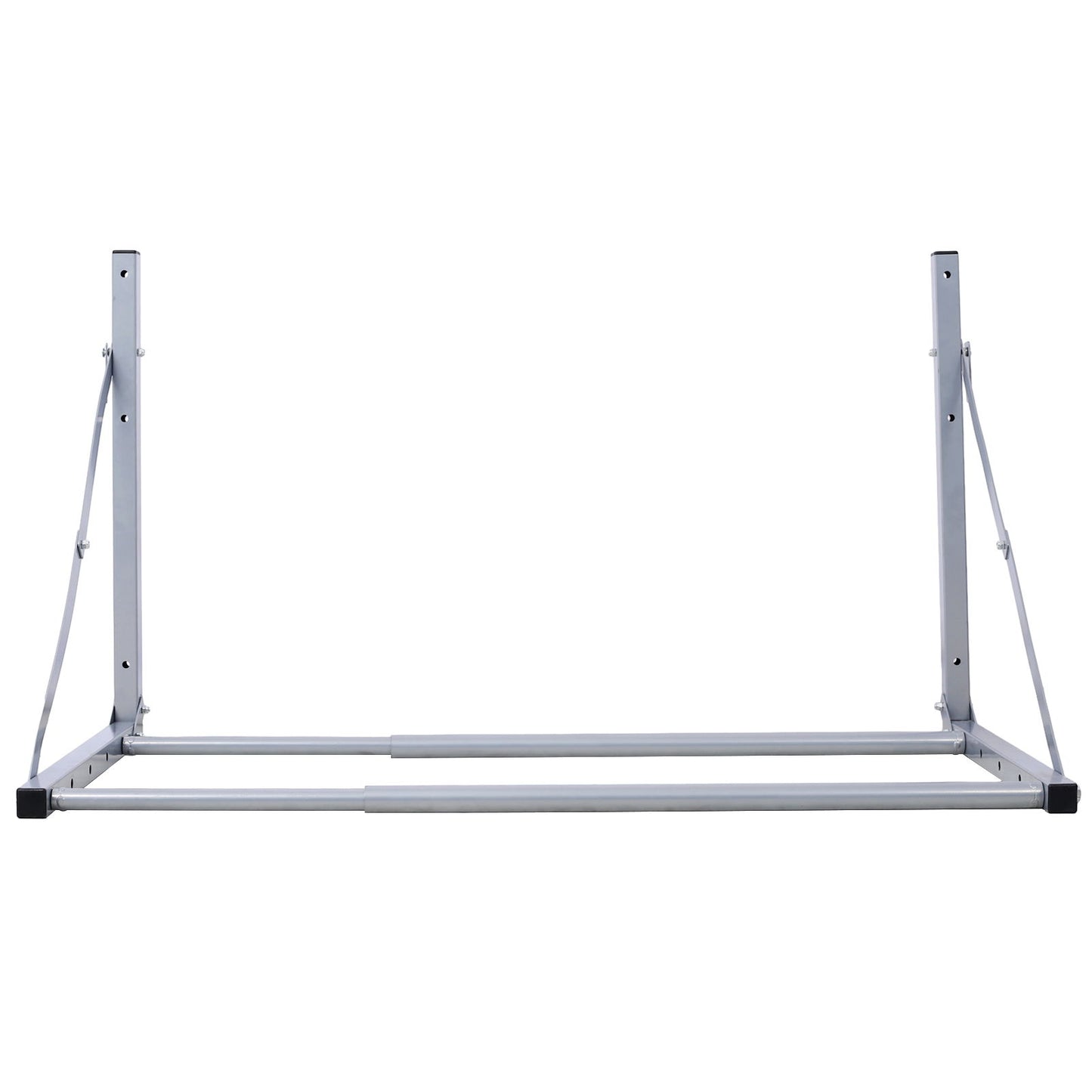 A silver wall-mounted folding tire storage rack, adjustable from 30.5 to 50.5 inches wide, supports up to 300 pounds. Shown against a white background with no shelves or hanging rods attached.
