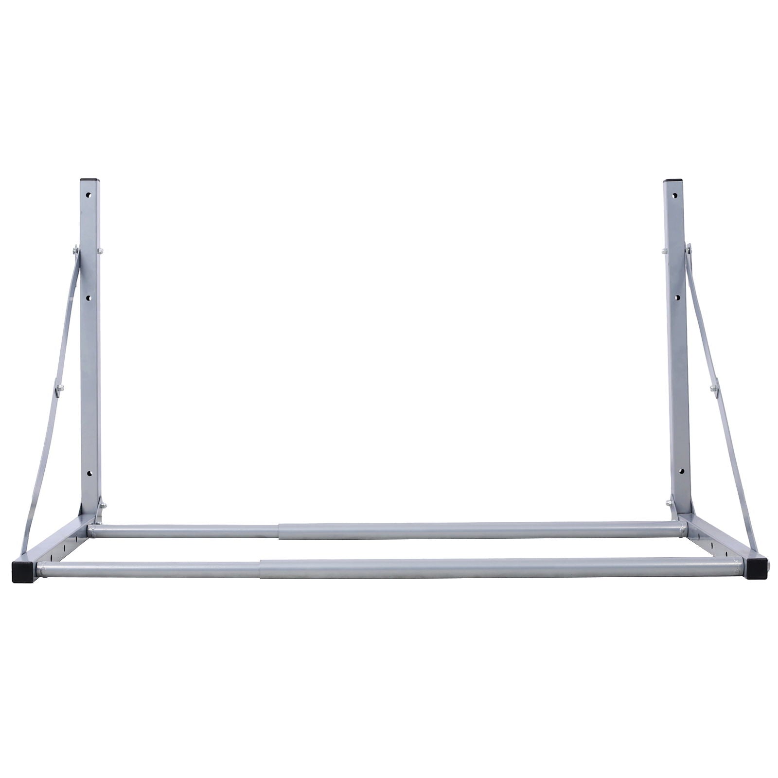 A silver wall-mounted folding tire storage rack, adjustable from 30.5 to 50.5 inches wide, supports up to 300 pounds. Shown against a white background with no shelves or hanging rods attached.
