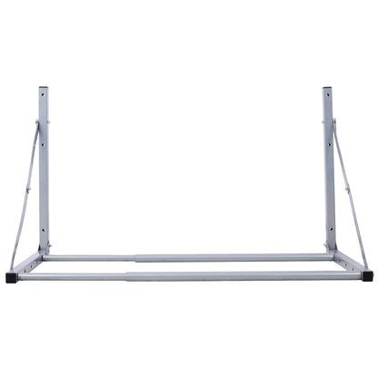 A silver wall-mounted folding tire storage rack, adjustable from 30.5 to 50.5 inches wide, supports up to 300 pounds. Shown against a white background with no shelves or hanging rods attached.