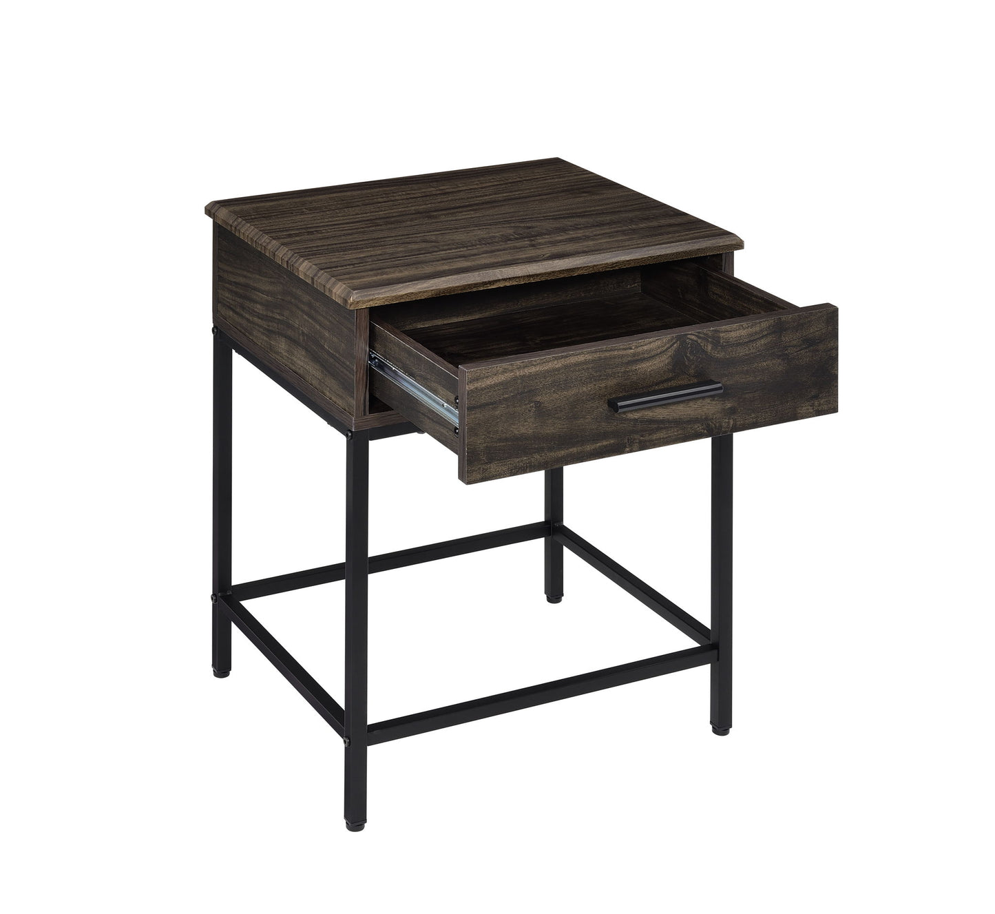 The Cliff - Modern Design Table features a dark wooden finish, black metal legs, and one open drawer, displayed against a white background.